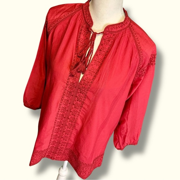 Madewell ‘Camelia’ Embroidered Cotton Gauze Tassel Neck Top in Red Size Small - Picture 16 of 16